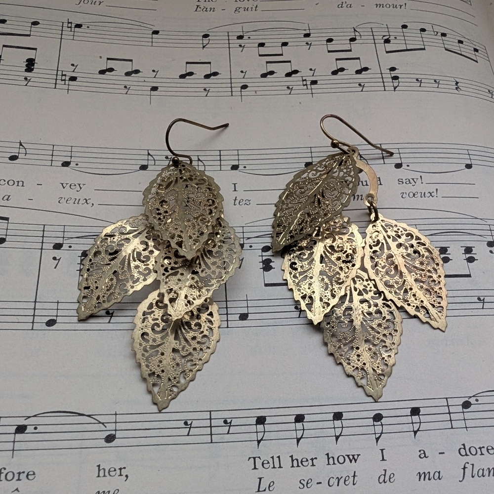 Gold Leaf Filigree Dangle Earrings - Layered Metallic Drop